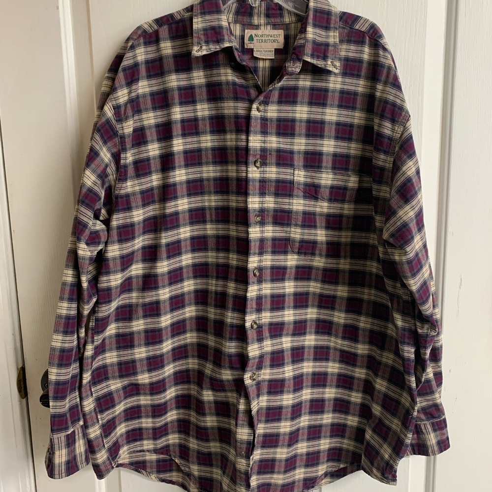 ❤️ Northwest Territory Men's Plaid Button-Down Shirt - Burgundy and Beige Size L